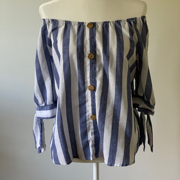 Unique Spectrum Tops - Off the Shoulder Blue and White Blouse